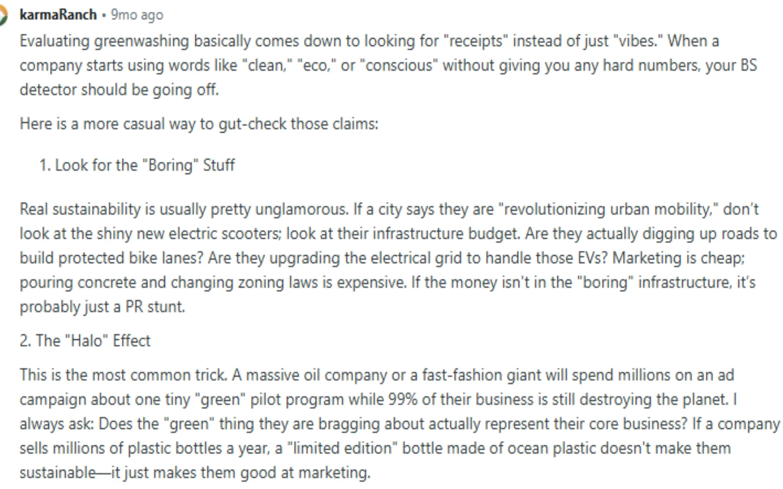 A screenshot of a Reddit user talking about what to consider when evaluating sustainability claims